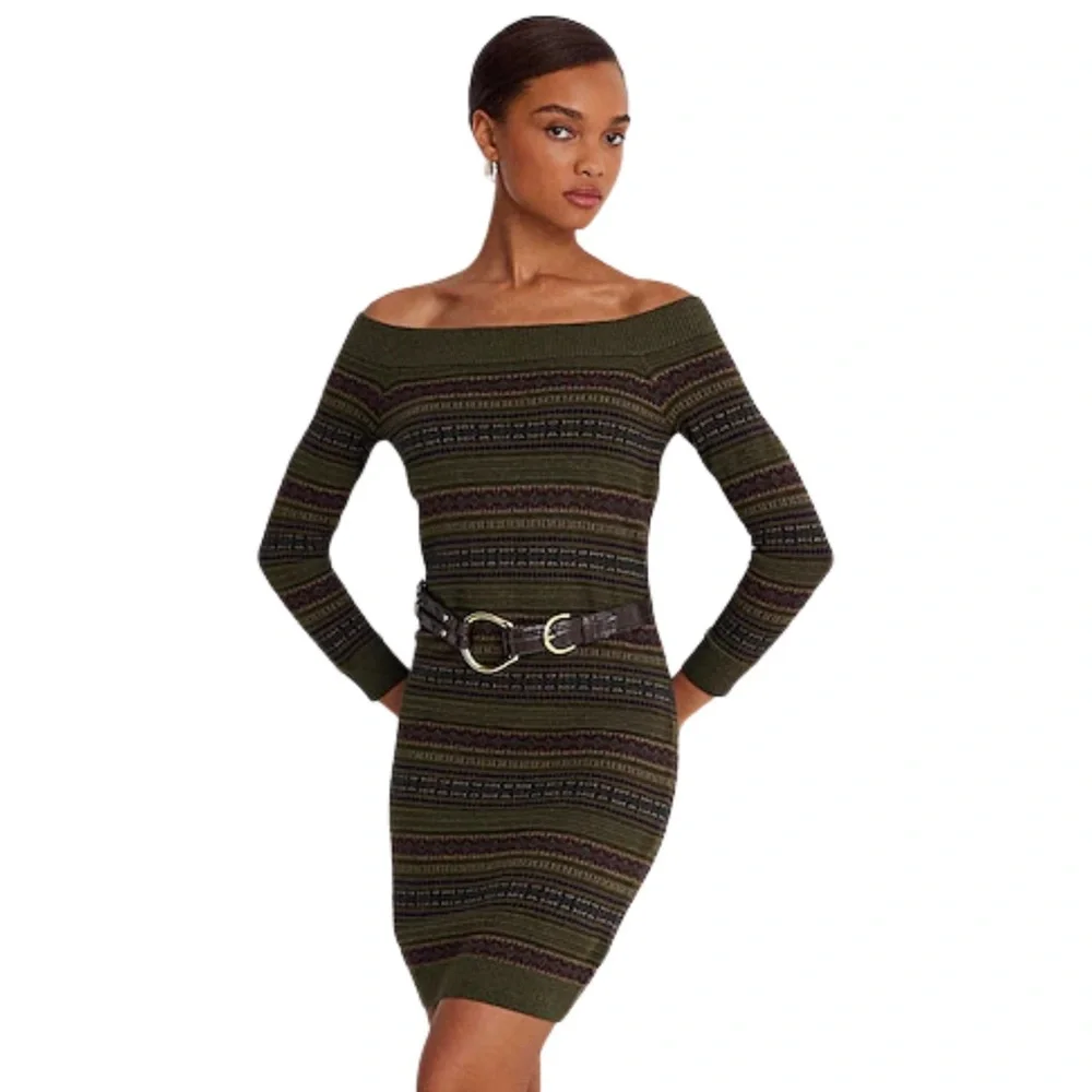 Ralph Lauren Fair Isle Off-the-Shoulder Long Sleeve Sweater Dress MPetite - Picture 2 of 7